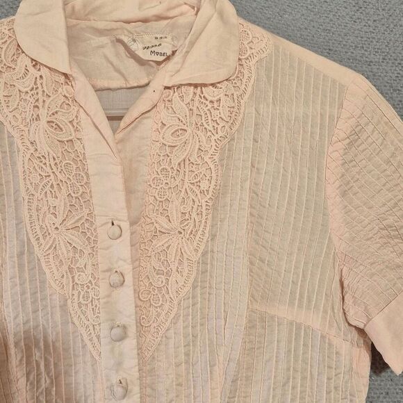 Vintage Jeanne Model Women's Pink Lace Details Short Sleeve Button Shirt Dress M - Picture 3 of 8